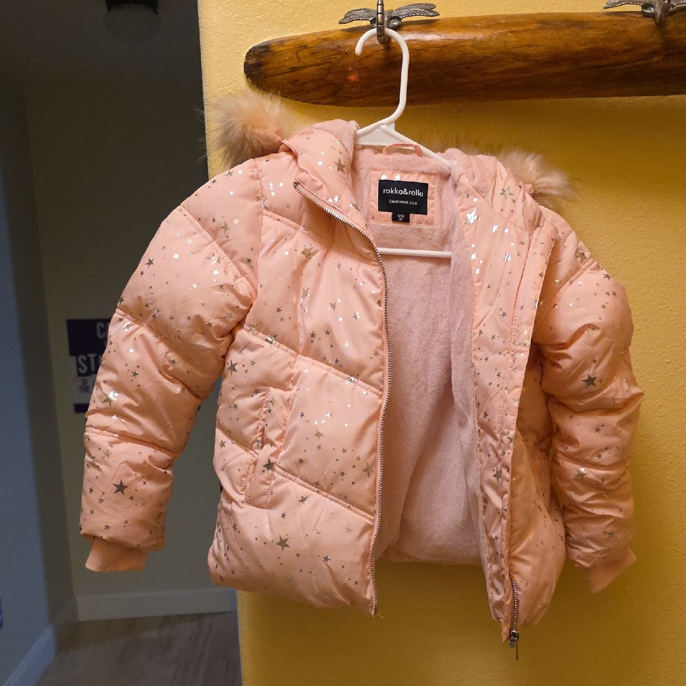 Girls' Pink Star-Print Puffer Jacket with Faux-Fur Trim